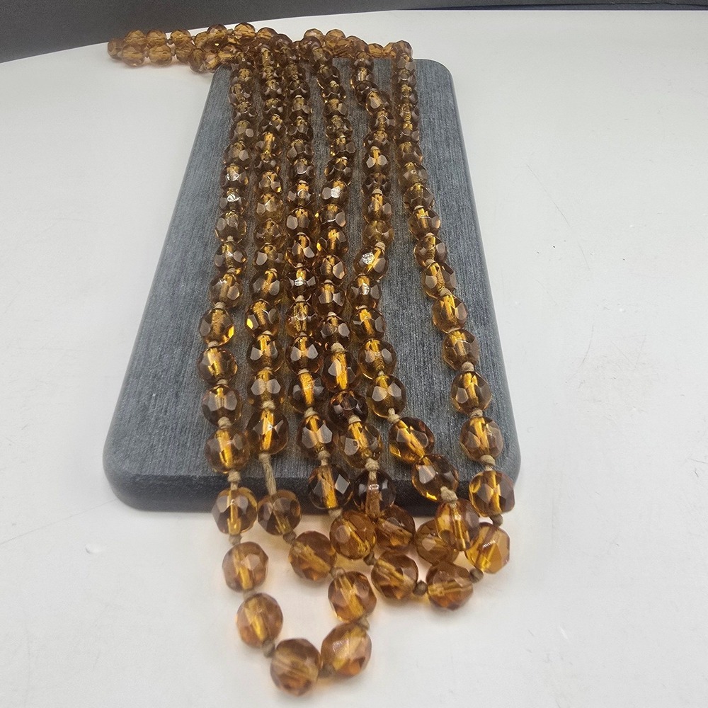Vintage Estate Necklace Orange Faceted Hand Knotted Glass Bead 60in